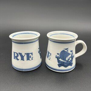 Vtg Iden Pottery RYE Mug SHIP Blue Cream Ceramic Sussex England Viking Sailing